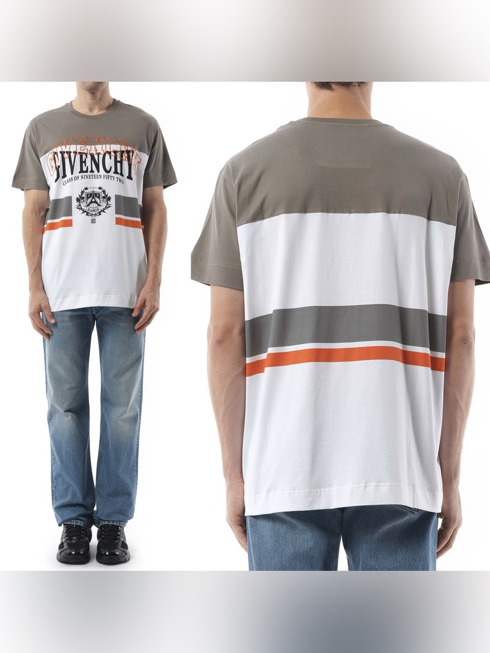 NWT Givenchy College Print Stripes Logo T-Shirt In Grey/White Size XL  $840